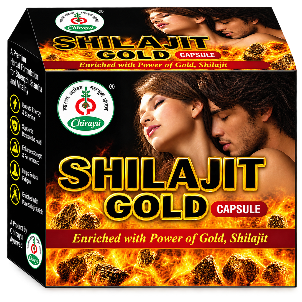 Front view of Chirayu Sj Gold Capsules 10-capsule blister pack box displaying brand name and product title.