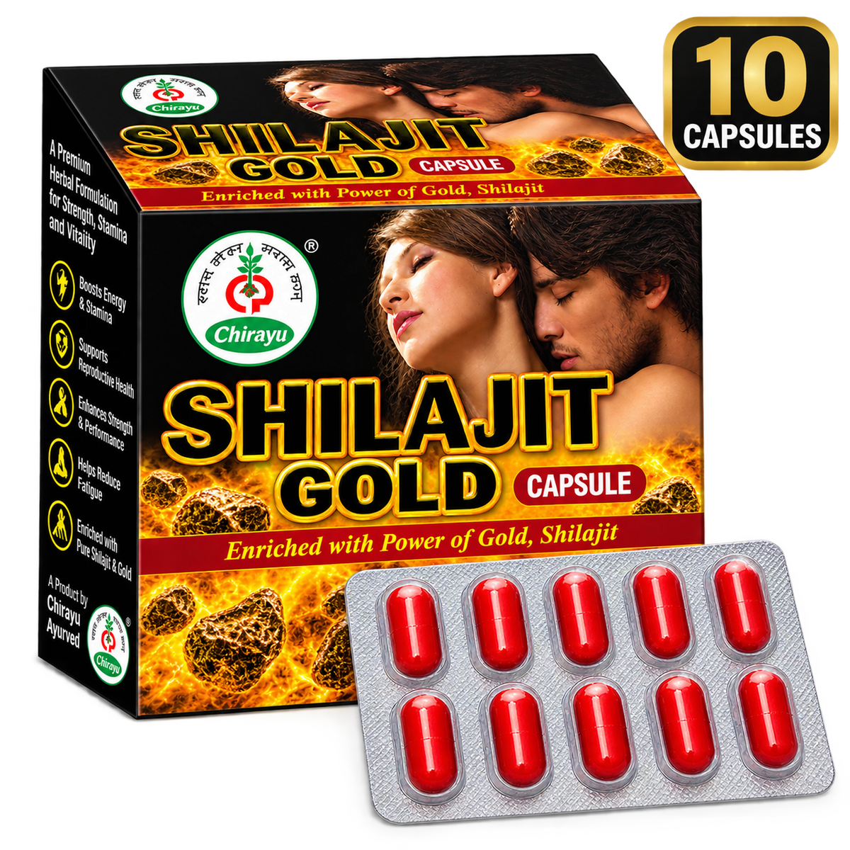 Front packaging view of Chirayu Sj Gold Capsules with an individual gold-formulated capsule placed behind the pack.