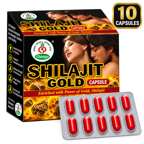 Front packaging view of Chirayu Sj Gold Capsules with an individual gold-formulated capsule placed behind the pack.