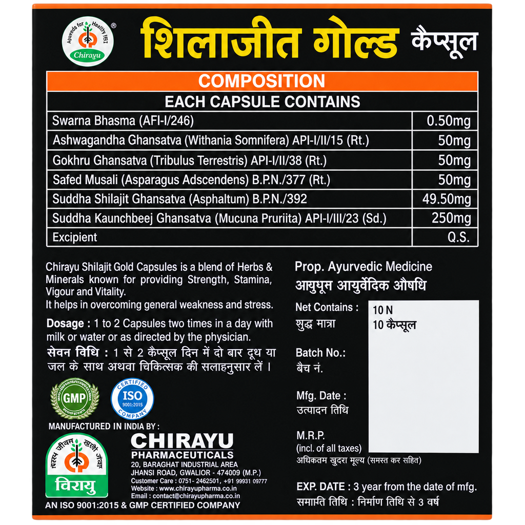 Detail view of Chirayu Sj Gold Capsules box showing active ingredients including Shilajit, Swarna Bhasma, Ashwagandha, and directions for use.