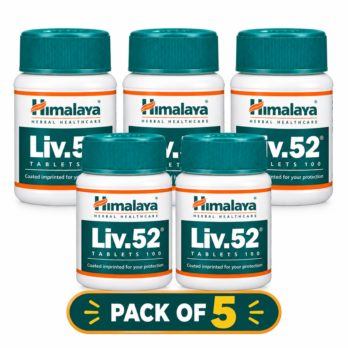 Five Himalaya Liv.52 100-tablet bottles displayed as a pack of 5