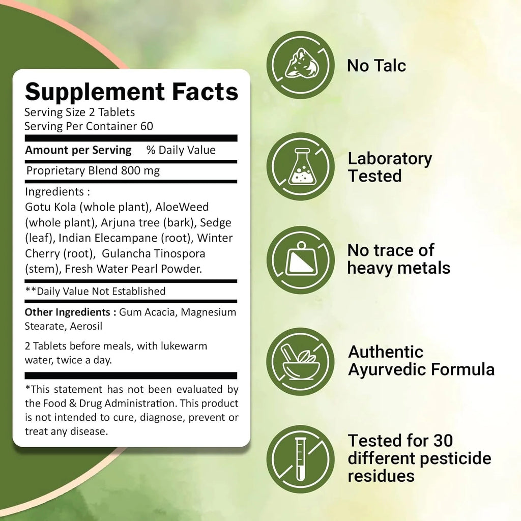 Visual graphic highlighting natural herbs including Arjuna bark and Mukta Shukti used in Nirogam Ivy's Mukta Vati Tablets.