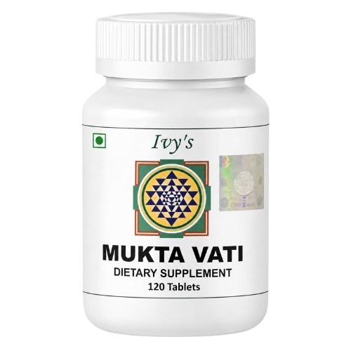 Front view bottle of Nirogam Ivy's Mukta Vati Dietary Supplement containing 120 tablets for blood pressure and stress support.